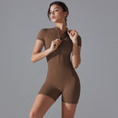 Brown Size XL Women's Summer Zip-Up Bodysuit - Short Sleeve, High Stretch Yoga & Dance Outfit, Breathable Fitness Wear