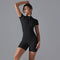 Black Size S Women's Summer Zip-Up Bodysuit - Short Sleeve, High Stretch Yoga & Dance Outfit, Breathable Fitness Wear