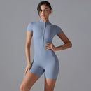 Blue Size S Women's Summer Zip-Up Bodysuit - Short Sleeve, High Stretch Yoga & Dance Outfit, Breathable Fitness Wear