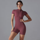 Dark Red Size S Women's Summer Zip-Up Bodysuit - Short Sleeve, High Stretch Yoga & Dance Outfit, Breathable Fitness Wear