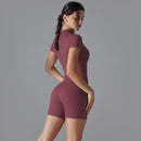 Dark Red Size M Women's Summer Zip-Up Bodysuit - Short Sleeve, High Stretch Yoga & Dance Outfit, Breathable Fitness Wear