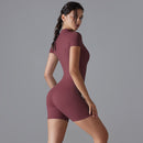 Dark Red Size M Women's Summer Zip-Up Bodysuit - Short Sleeve, High Stretch Yoga & Dance Outfit, Breathable Fitness Wear