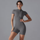 Dark Grey Size M Women's Summer Zip-Up Bodysuit - Short Sleeve, High Stretch Yoga & Dance Outfit, Breathable Fitness Wear