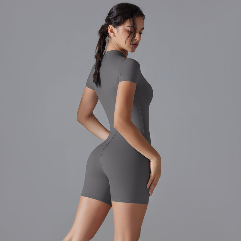 Dark Grey Size M Women's Summer Zip-Up Bodysuit - Short Sleeve, High Stretch Yoga & Dance Outfit, Breathable Fitness Wear