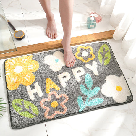 White Happy Bath Mat - Super Absorbent, Non-Slip Bathroom Floor Mat - 40x60cm