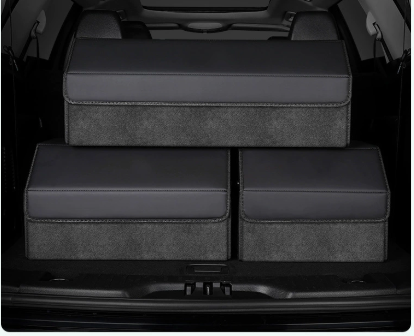 Medium Sized Tumbled Leather Black Foldable Car Trunk Storage Box - Large Capacity Insertable Rear Organizer