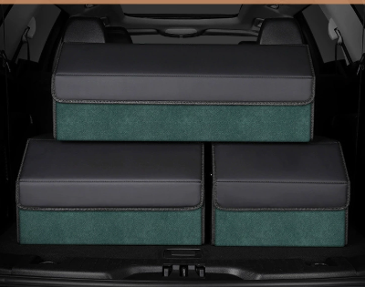 Medium Sized Tumbled Leather Green Foldable Car Trunk Storage Box - Large Capacity Insertable Rear Organizer