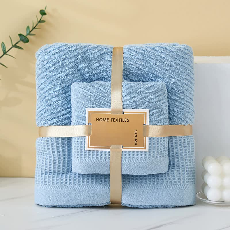 Blue Solid Color Diagonal Stripe Towel Set - Luxurious Bath and Hand Towels for Home Use