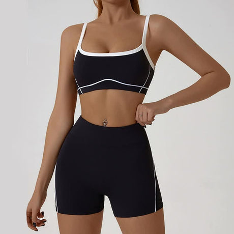 Black Sporty Yoga Set with Contrast Spaghetti Straps - Slim Fit Outdoor Fitness Wear - Size M