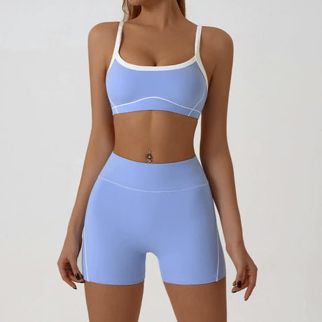 Blue Sporty Yoga Set with Contrast Spaghetti Straps - Slim Fit Outdoor Fitness Wear - Size S