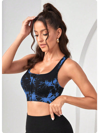 Women's Blue Tie Dye Zip-Up Sports Bra | Shockproof, Push-Up Size S