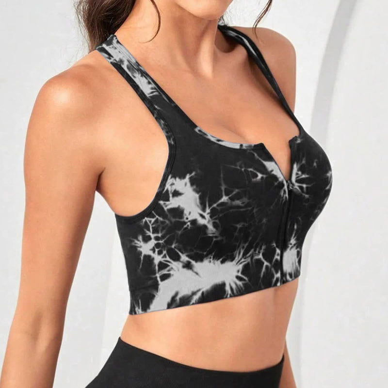 Women's Black Tie Dye Zip-Up Sports Bra | Shockproof, Push-Up Size S