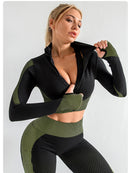 Army Green High Waist Yoga Set for Women – Sports Bra, Long Sleeve Shirt & Leggings 3-Piece Workout Set Size S