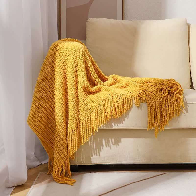 Yellow Premium Woven Knitted Throw Blanket with Tassels | Soft, Cozy Sofa & Bed Blanket, Perfect for Office or Afternoon Naps 130x220cm