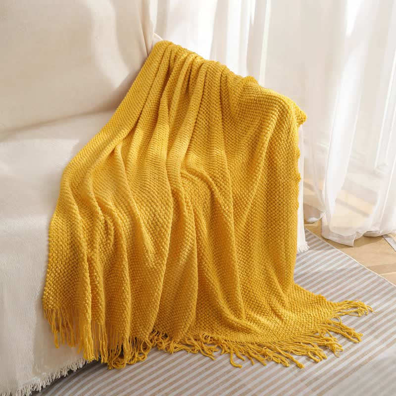 Yellow Premium Woven Knitted Throw Blanket with Tassels | Soft, Cozy Sofa & Bed Blanket, Perfect for Office or Afternoon Naps 130x260cm