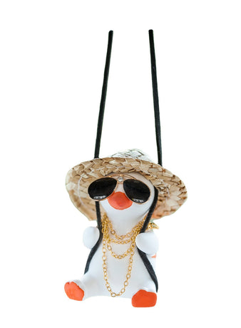 White+Orange 2 pcs Rocking Duck Car Ornament - Cute duck figurine with hat and small school bag, car interior decoration