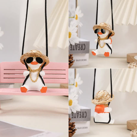 White+Orange 2 pcs Rocking Duck Car Ornament - Cute duck figurine with hat and small school bag, car interior decoration