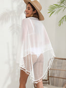 White Women's Mesh Detail Beach Wrap - Tassel Trim Swim Cover-Up 95x195cm