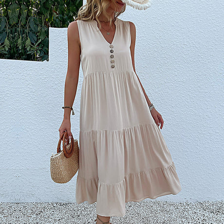 Apricot Flowy Sleeveless Midi Dress - Sleeveless solid sundress with decorative buttons