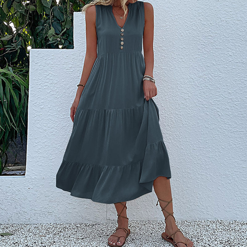 Dark grey Flowy Sleeveless Midi Dress - Sleeveless solid sundress with decorative buttons Size S