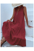 Wine red Flowy Sleeveless Midi Dress - Sleeveless solid sundress with decorative buttons Size S