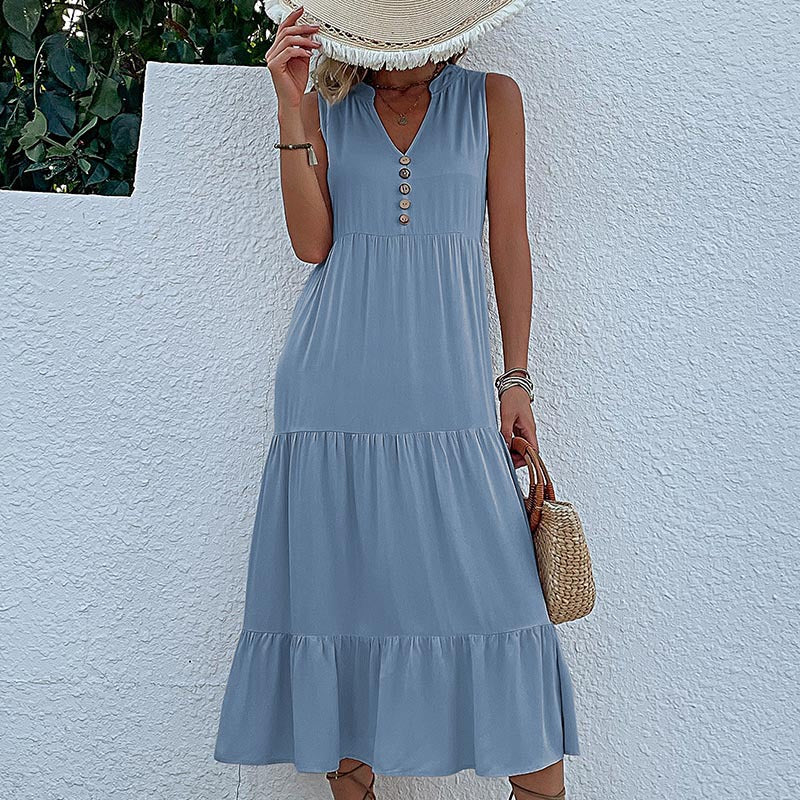 Light blue Flowy Sleeveless Midi Dress - Sleeveless solid sundress with decorative buttons Size S