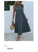 Light blue Flowy Sleeveless Midi Dress - Sleeveless solid sundress with decorative buttons Size S