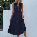 Navy blue Flowy Sleeveless Midi Dress - Sleeveless solid sundress with decorative buttons Size S