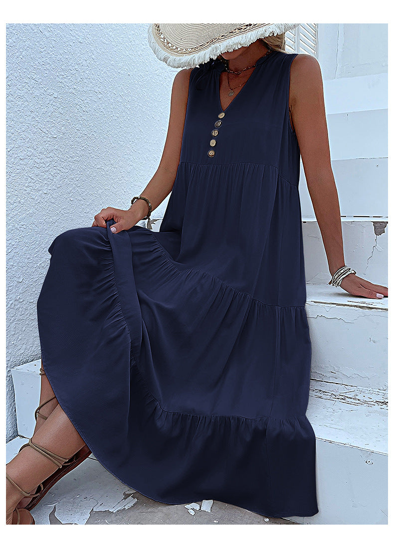 Navy blue Flowy Sleeveless Midi Dress - Sleeveless solid sundress with decorative buttons Size S