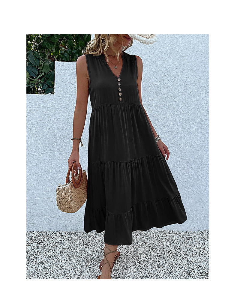 Black Flowy Sleeveless Midi Dress - Sleeveless solid sundress with decorative buttons Size S