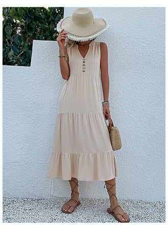 Apricot Flowy Sleeveless Midi Dress - Sleeveless solid sundress with decorative buttons Size M