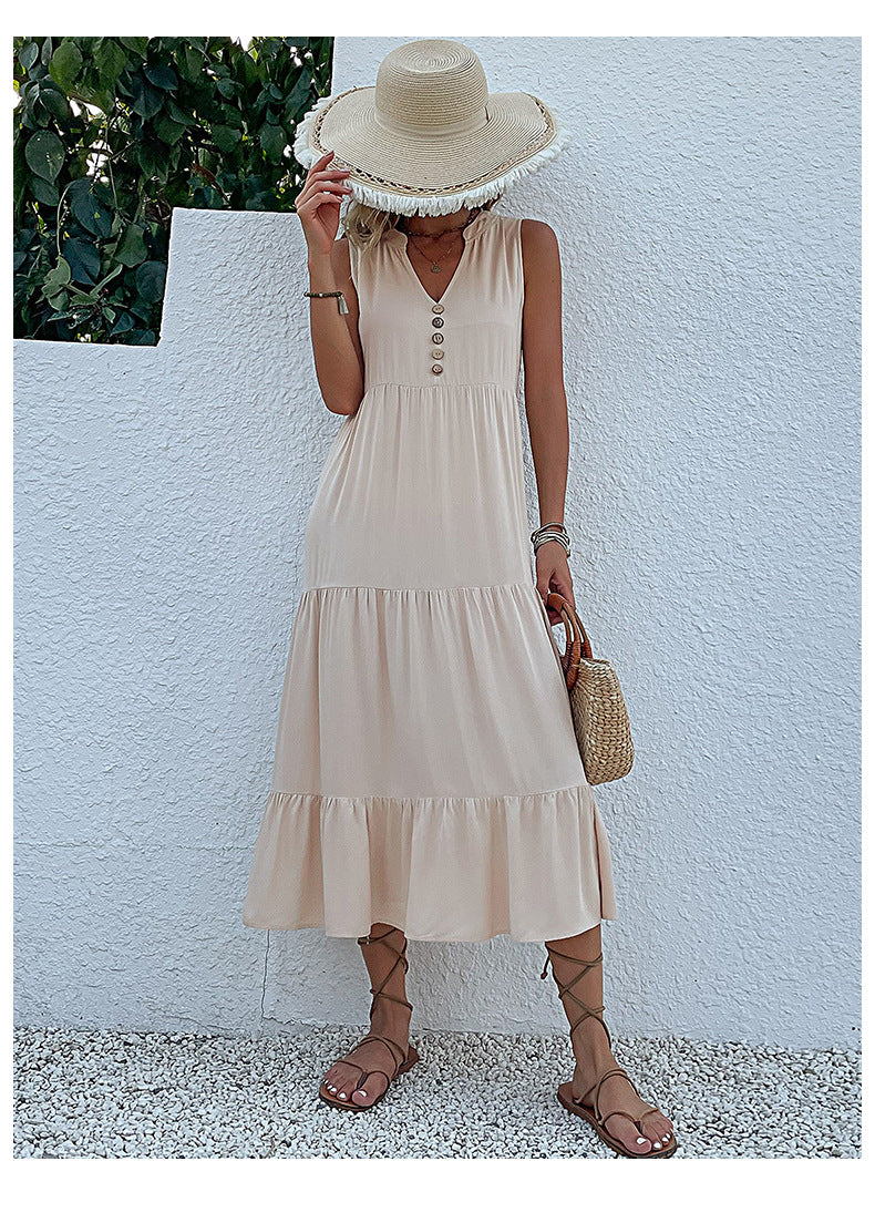 Apricot Flowy Sleeveless Midi Dress - Sleeveless solid sundress with decorative buttons Size M