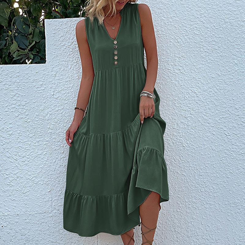 Green Flowy Sleeveless Midi Dress - Sleeveless solid sundress with decorative buttons Size M