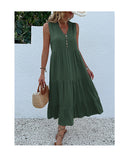 Green Flowy Sleeveless Midi Dress - Sleeveless solid sundress with decorative buttons Size M