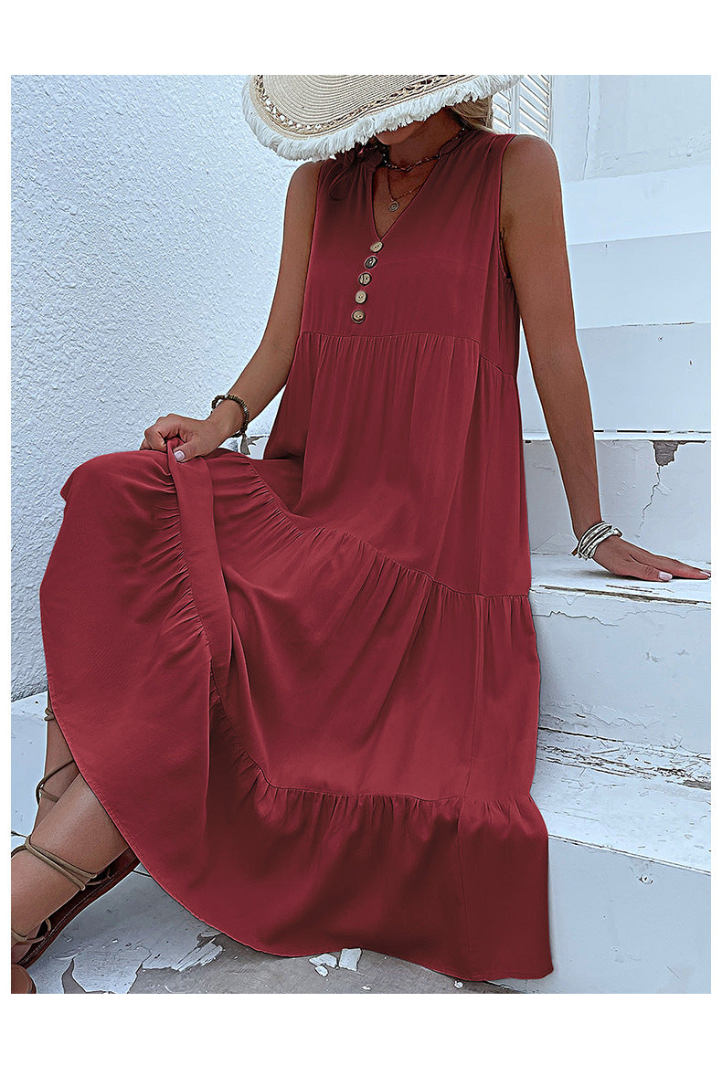 Wine red Flowy Sleeveless Midi Dress - Sleeveless solid sundress with decorative buttons Size M