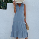 Light blue Flowy Sleeveless Midi Dress - Sleeveless solid sundress with decorative buttons Size M