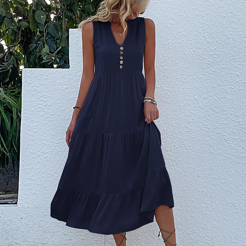 Navy blue Flowy Sleeveless Midi Dress - Sleeveless solid sundress with decorative buttons Size M