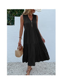 Black Flowy Sleeveless Midi Dress - Sleeveless solid sundress with decorative buttons Size L