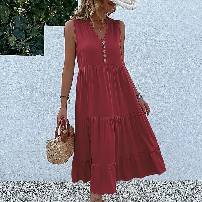 Wine red Flowy Sleeveless Midi Dress - Sleeveless solid sundress with decorative buttons Size XL