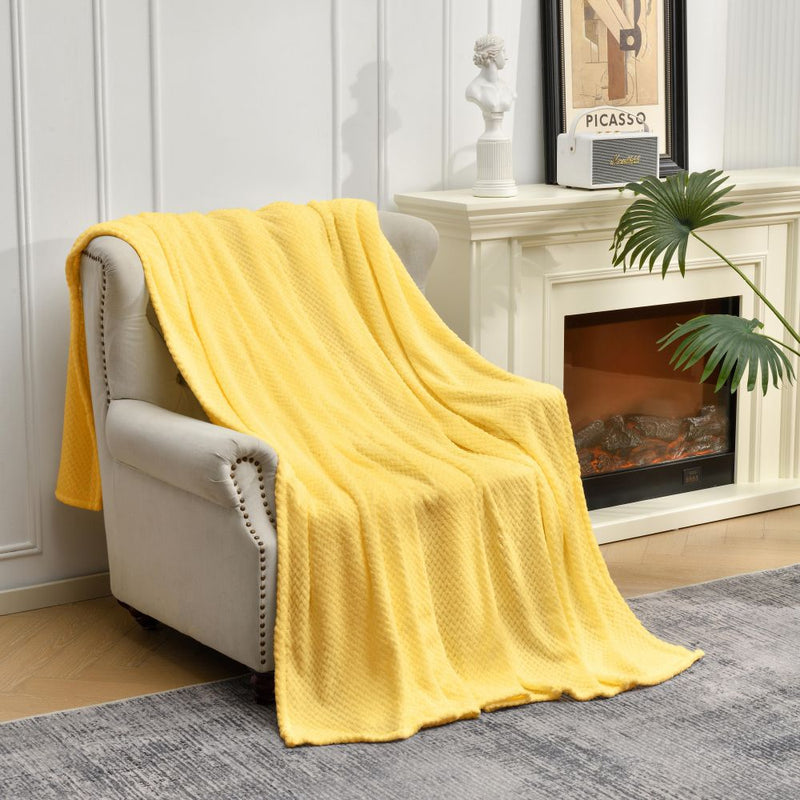 Yellow Soft Flannel Jacquard Throw Blanket - Cozy Sofa & Bed Cover, Air Conditioning Blanket, 50 x 60 Inches, Elegant Solid Color