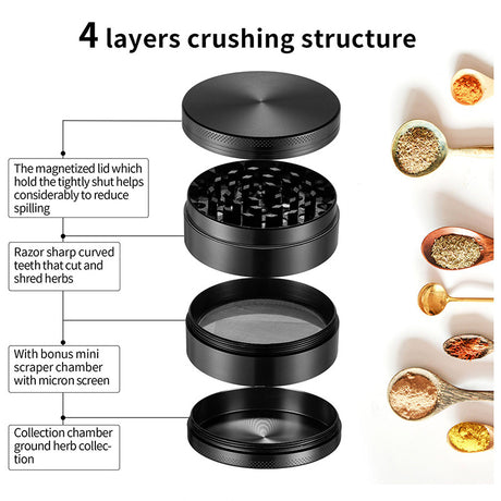 Grey Premium 4-Layer Zinc Alloy Herb Grinder - Magnetic Lid & Fine Grinding, 63mm, 162g