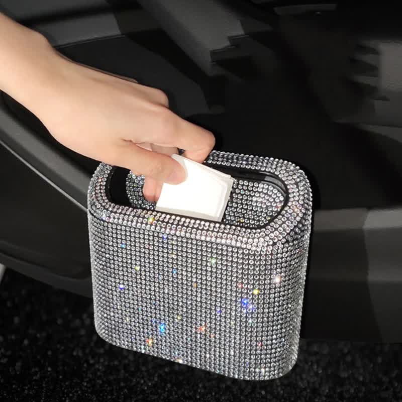 White Diamond Sparkly Rhinestone Car Trash Can - Diamond Auto Garbage Bin Organizer