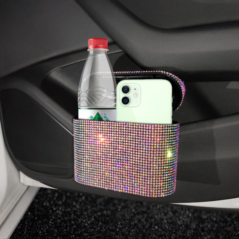 White Diamond Sparkly Rhinestone Car Trash Can - Diamond Auto Garbage Bin Organizer