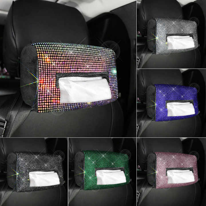 White Diamond Bling Rhinestone Car Tissue Box Holder - Applies to Visor & Seat Back