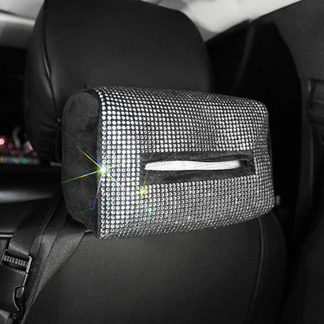 White Diamond Bling Rhinestone Car Tissue Box Holder - Applies to Visor & Seat Back