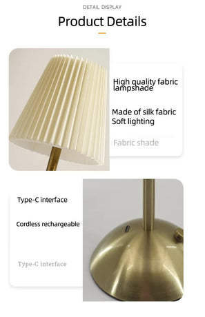 White Elegant Pleated Fabric Table Lamp - 3-Color LED, USB Rechargeable, Touch Dimming