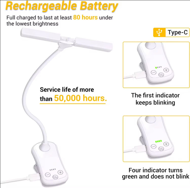 White Rechargeable Dual-Head Clip-On Book Light - Touch Control Reading Lamp with Eye Protection