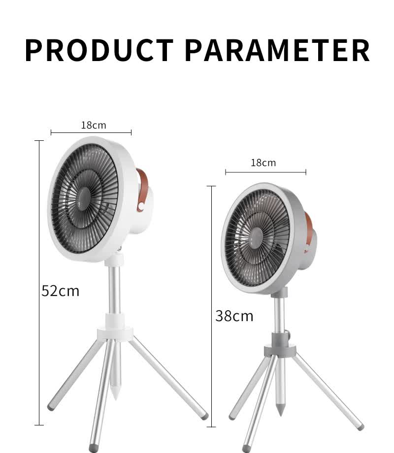 White Portable Outdoor Tripod Fan – USB Rechargeable Camping Fan with Remote Control, Folding & Adjustable for Outdoor Activities and Travel