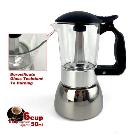 Borosilicate Glass Stainless Steel Moka Pot Coffee Maker Italian Espresso 6Cups