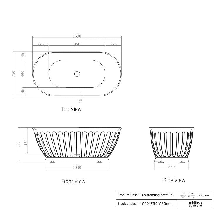 1500/1700*750/800*580mm INS OTTI Kensington Gloss/Matt White Oval Acrylic Freestanding Bathtub